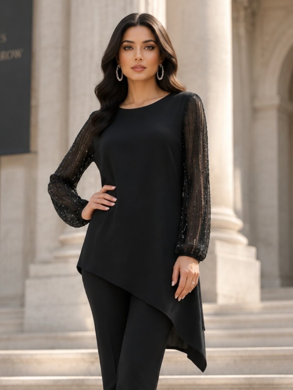 Marina Black Sheer Jeweled Long Sleeve Asymmetrical Hem Line Top Size 18 NWOT